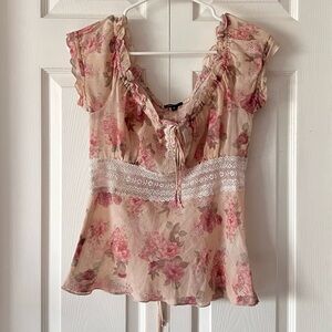 Arden B. Floral Sheer Short Sleeve Blouse